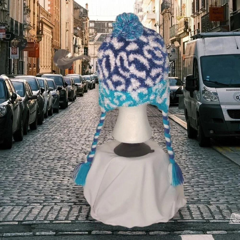 Girls Multi‎ Blues & White Lined Beanie Hat with Braided Ties and Pompom